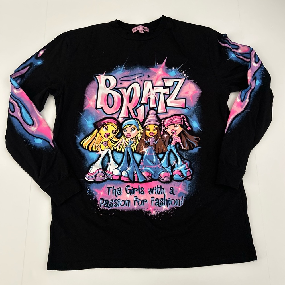Bratz × Dolls Kill Pink Black Colorful Crew Long Sleeve Cotton T-Shirt Small